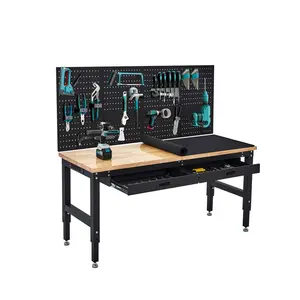 GARVEE 60 Inch Workbench for Garage, 3000 Lbs Heavy Duty Work Bench with Pegboard and Drawers, Non-Slip Table Mat, Rubber Wood 4 Level Adjustable Work Table with Power Outlets for Workshop, Home, Office
