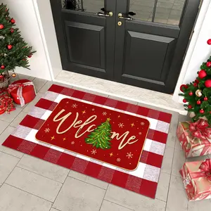Christmas Tree Outdoor Rug Set, Christmas Door Mat Combo Set, Welcome Mat + 28 x 43 inch Red White Buffalo Plaid Rugs, Checkered Christmas Trees Rug for Porch Entryway Winter Holiday Home Decor