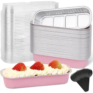Mini Cake Loaf Pans with Lids and Spoon 50Packs, 6.8Oz Small Rectangle Baking Pans, Aluminum Foil Disposable Muffin Pans (Pink) SAWNZC