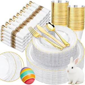 350PCS Clear Gold Plastic Plates - Gold Disposable Plate Service for 50 Guests - 100 Plastic Plates, 50Pre-Rolled Napkins with Cutlery, 50 Cups Perfect for Wedding,Party