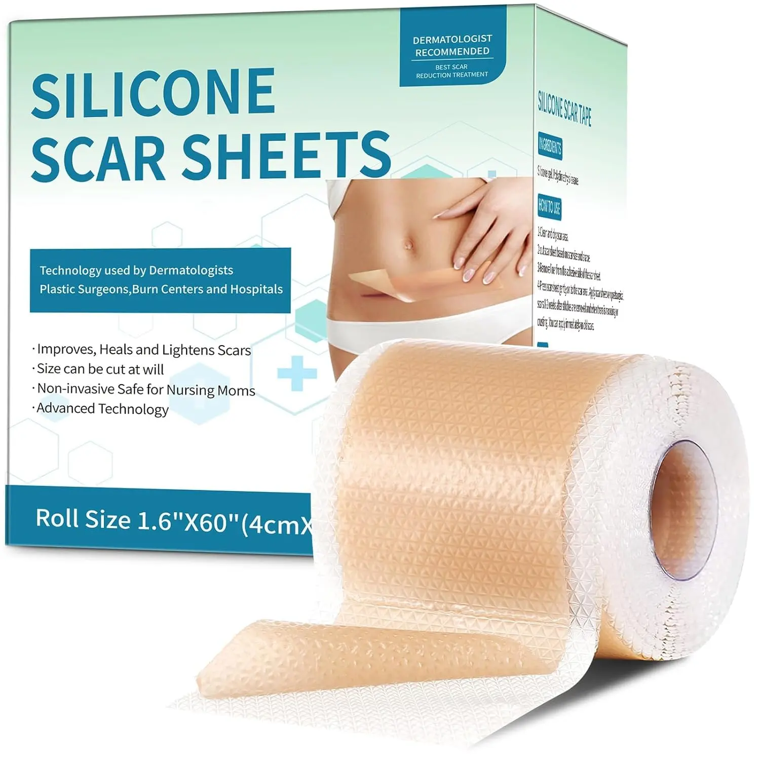 Silicone Scar Sheets, Silicone Scar Tape(1.6”X 60” Roll-1.5M), Silicone Scar Strips, Professional Scar Removal Sheets for Surgical Scars, Keloid, C-Section, Burn Et Rvlaim