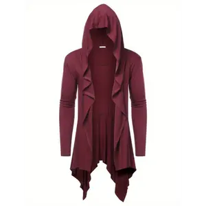 Long Hooded Cardigan Ruffle Shawl Collar Open Front Lightweight Drape Cape Overcoat With Pockets For Halloween Party Fabric Fit