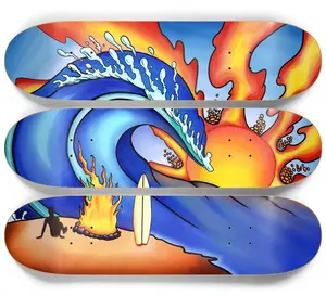 Surf Art Skateboard Deck – Fire and Water Graphic, 7-Ply Maple 3 Board Set