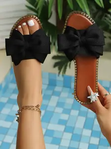 Women's Bowknot Design Slides, Casual Comfortable Flat Sandals for Summer, Fashionable Slippers for Beach Vacation, Shoe, Flat Heel Sandals