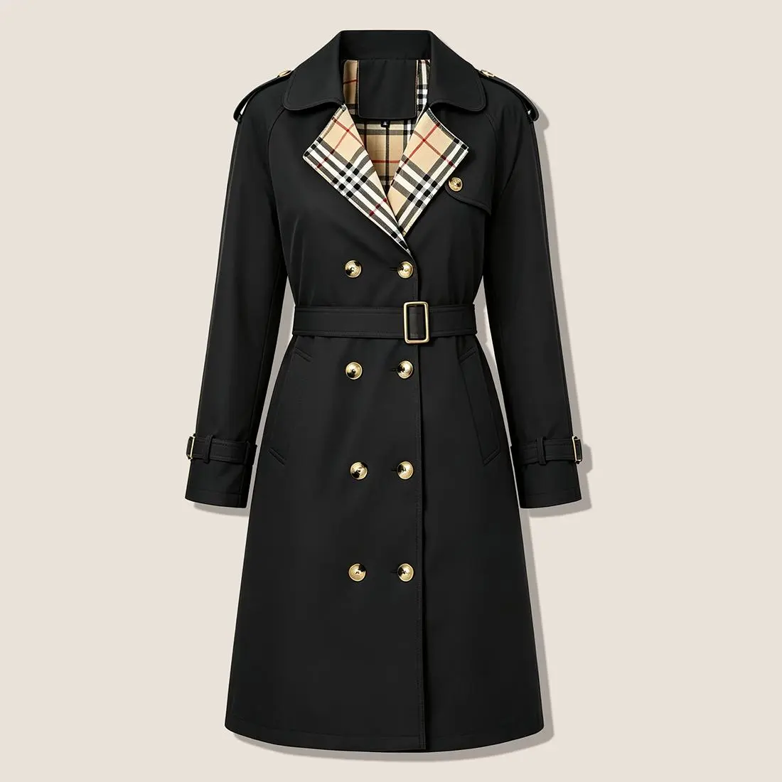 Women’s fashionable cape coat—double-breasted long design with a lapel collar and plaid pattern, featuring an adjustable waist belt that cinches the figure; classic British-style outerwear suitable for everyday commuting, office wear, travel, and dates.so
