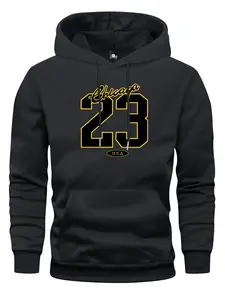 Men's spring and autumn thin long-sleeve pocket personalized letter number 23 pattern print hooded sweater fashion casual sports streetwear outdoor men's headwear, suitable as a gift for husband or boyfriend