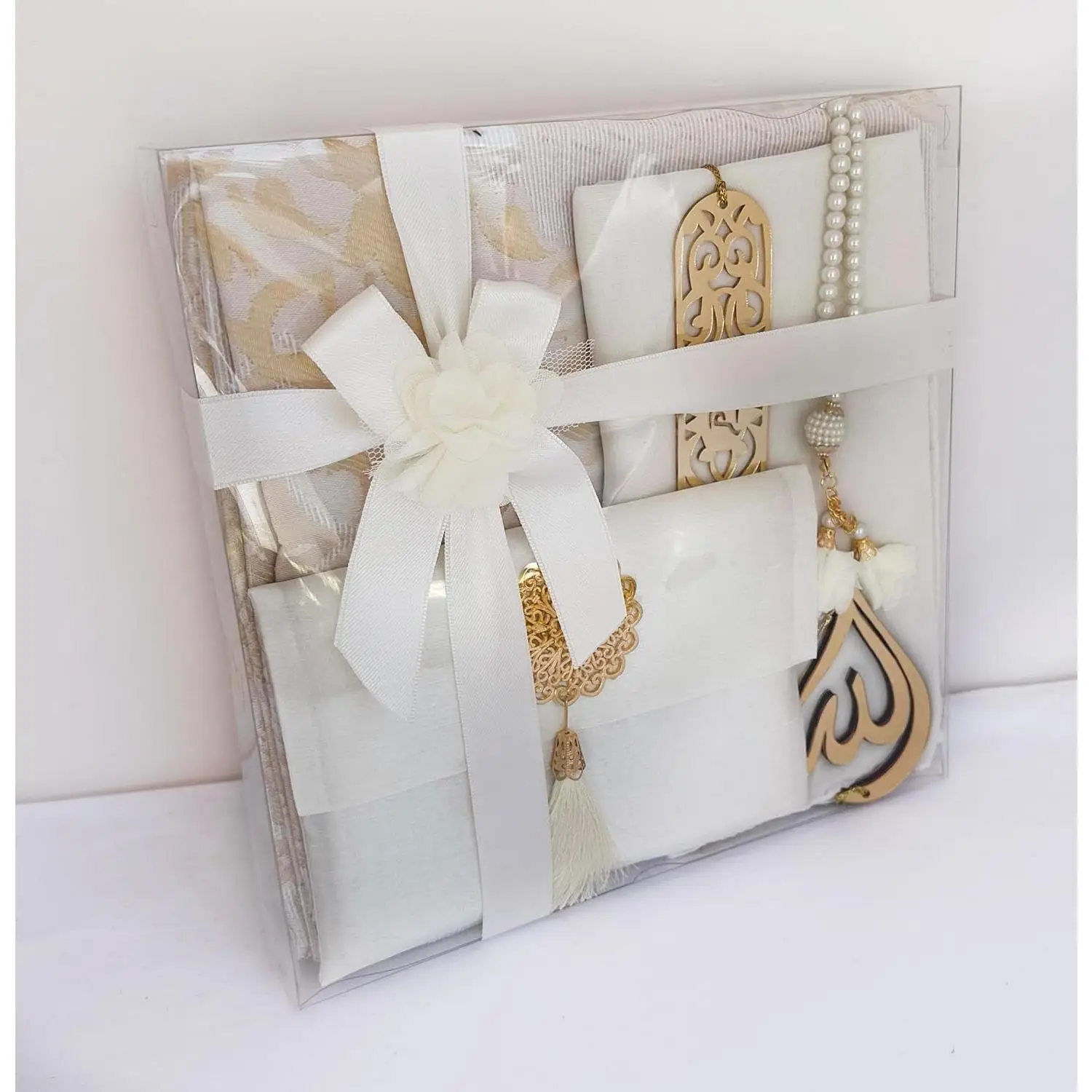 Muslim Prayer Rug, 7 in One Set, Prayer Mat Surah Book, Tasbeeh, Scarf, Surah Case, Bookmark, Mirror Hanger, Prayer Beads,Islamic for Umrah, Hajj,