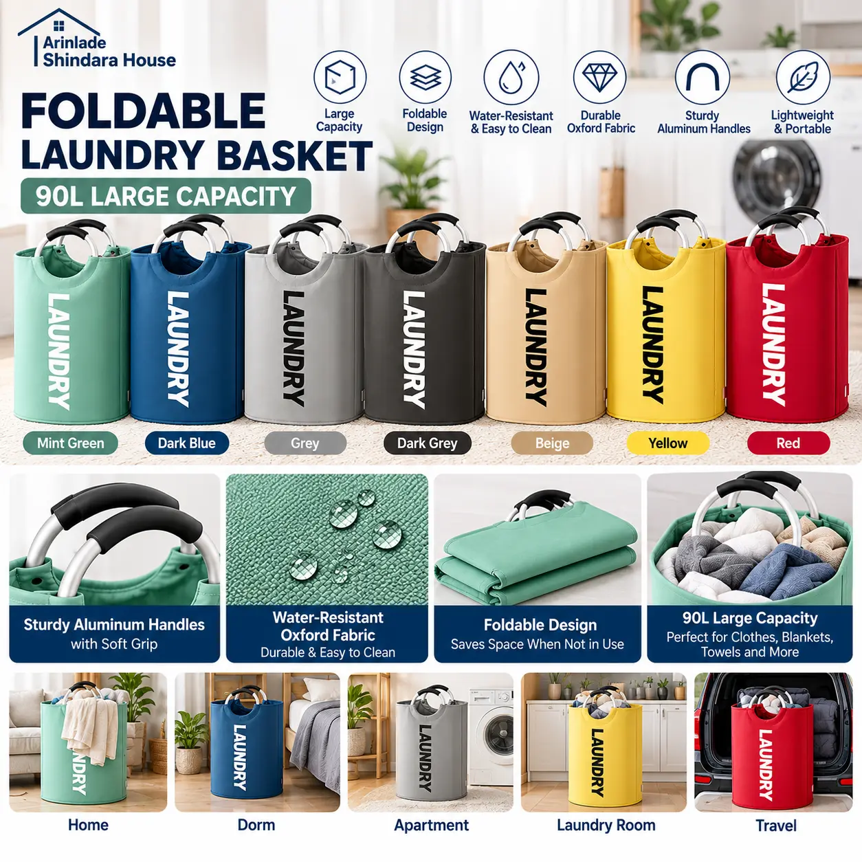 Large Foldable Laundry Basket with Handles - Collapsible Home Supplies Laundry Hamper