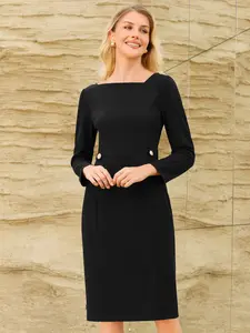 INSPIRE CHIC Women's Formal Work Dress Asymmetrical Neck Long Sleeve Pencil Dress Funeral Dress Black