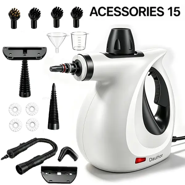 DAUHOR Handheld Steam Cleaner–Corded Cleaning Tool with 15 Accessories, Adjustable Levels, Fast Heat-Up, Detailing & Home Cleaning Mop Steamer,Multi-Surface Deep Cleaning for Home, Car, Bathroom, Grout, Floor, Window (White).