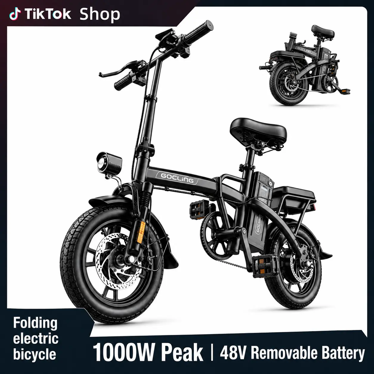 Foldable All-Terrain Adult Electric Bike - 1000W Peak, 20MPH Top Speed, 48V Detachable Battery, LCD Display, Dual Disc Brakes, Long-Lasting Seat, Compact Commuter Bicycle, All Terrain Ebikes Folding with LED Lights, Led Display, Youth, Anti-Explosion,Ant