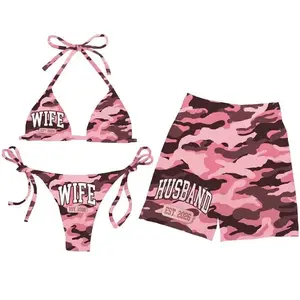 Pink Camo Couple Swimwear – Halter Bikini & Men’s Beach Shorts Matching Set, His & Hers Hawaiian Summer Vacation Honeymoon Swimsuits
