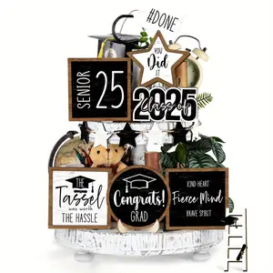 Graduation Party Decoration Set, 15pcs/set Wooden Tiered Tray Decoration Set, Graduation Party Desktop Decoration, Home Decor Supplies, Masks