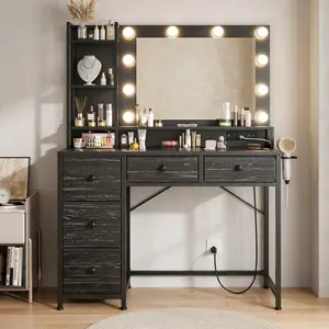37 Inch Makeup Vanity Desk with Mirror and LED Lights, Dressing Table with Built-in Power Outlets, 5 Fabric Drawers Makeup Vanity with 3 Lighting Modes, Black Modern Cosmetic Dresser for Bedroom Home Decor