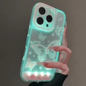 Sound-Control Glowing Gradient Butterfly Phone Case, Hollow Cartoon Protective Cover, Couple Style, Fits 17/16/15/14/3/12/11/ Pro/max/plus Valentine's Day Christmas Gift, Luminous