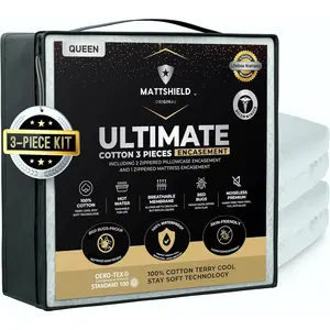 MATTSHIELD 3-Piece Kit - Bed Bug-Mattress Cover Queen Size 100% Cotton Top + 2 Pillow Protectors with Zipper - 6 Sided Waterproof Encasement, Total Defense Kit