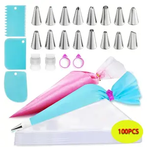 Pipe Bag and Tip Set, 11.8 Inch 100 Explosive-Proof Pipe Bags, 124 Cake Decoration Kit, 16 Tips, Reusable Piping Bag, 3 Spatulas, 2 Couplers, 2 Icing Bags