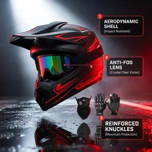 Matte Red Phantom Graphic Motocross Helmet Combo - DOT Certified Motocross Protective Gear, Low-Key Black & Red Full-Face Off-Road Set with Anti-Fog Goggles, Gloves, Neck Cover (Helmet Protective Gear for Outdoor Use) Motorcycle
