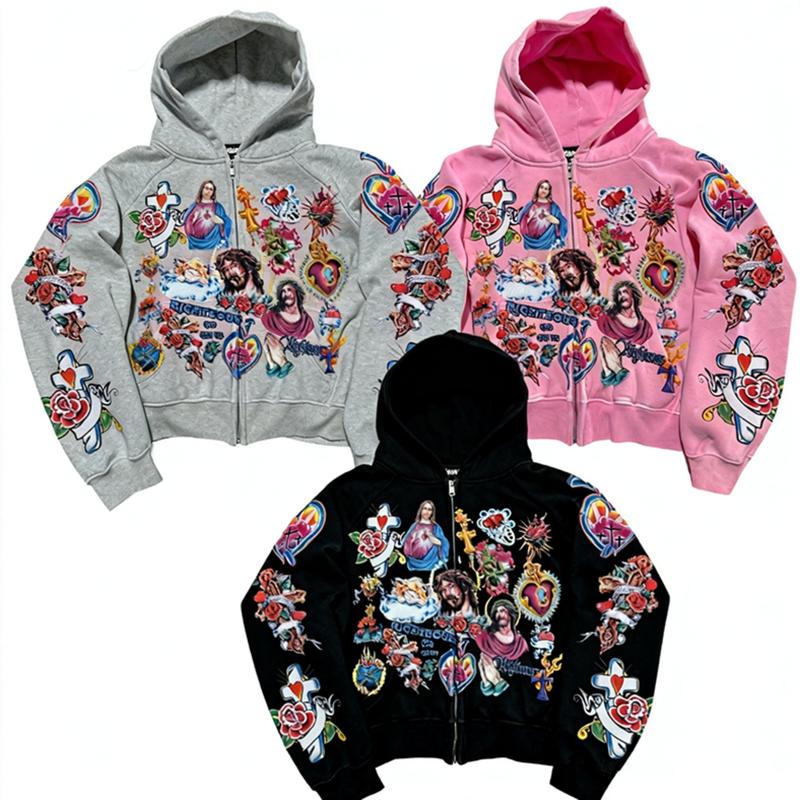 Y2K Religious Tattoo Pattern Zip-Up Hoodie - Cropped Street Style Pullover Sweatshirt, Artistic Print, Casual Loose Fit, Jesus Faith Jacket, Unisex