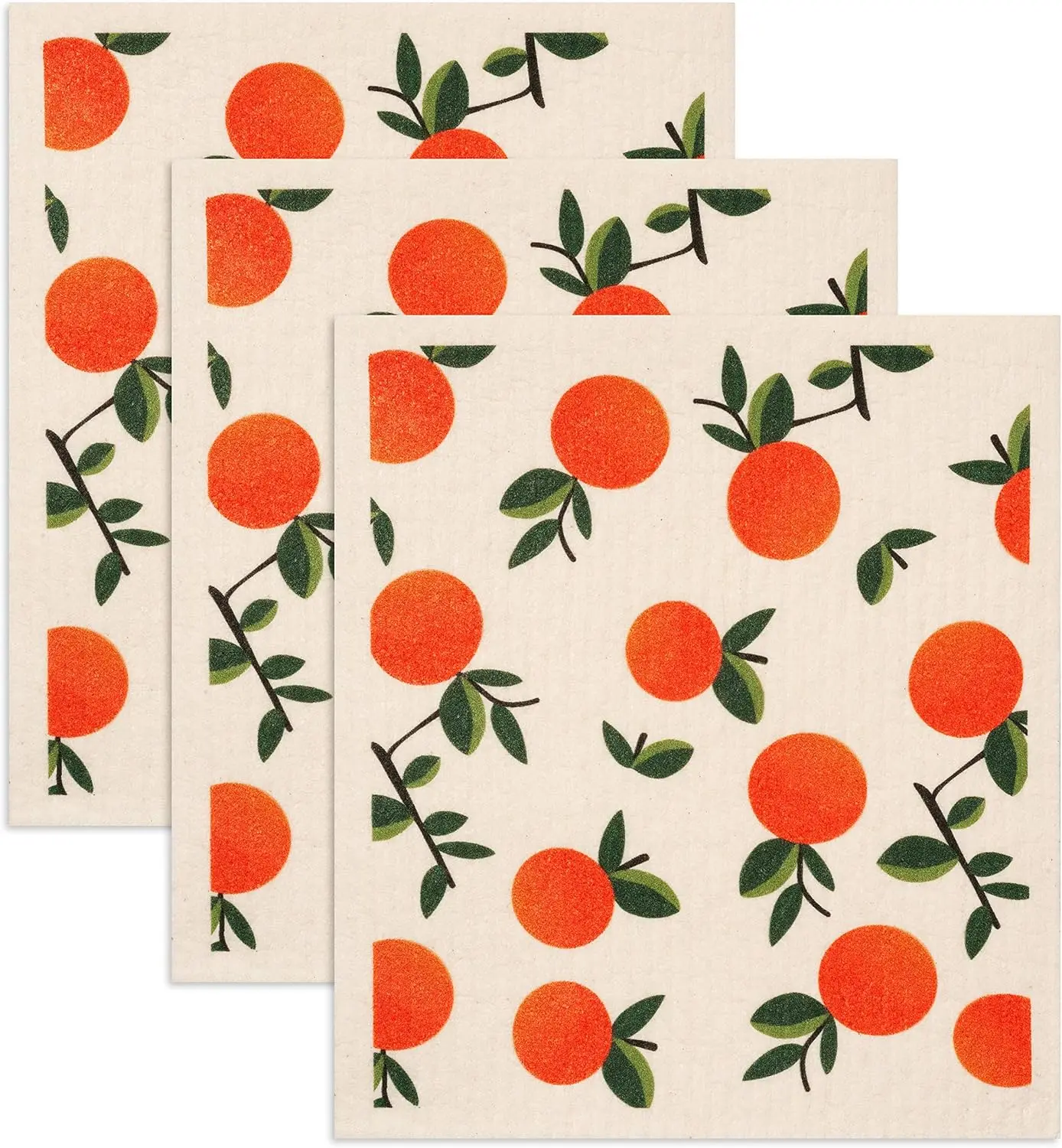 Swedish Dishcloths 3-Pack, Super Absorbent Reusable Cellulose Sponge Cloths, Eco-Friendly Kitchen Cleaning Towels, Machine Washable, with Citrus Oranges Print 7.87x6.88 inch