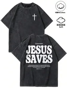 Unisex Retro Street Style Jesus Saves Graphic Cotton T-Shirt, John 3:16 Bible Verse Print for Casual Wear, Perfect Gift for Couples