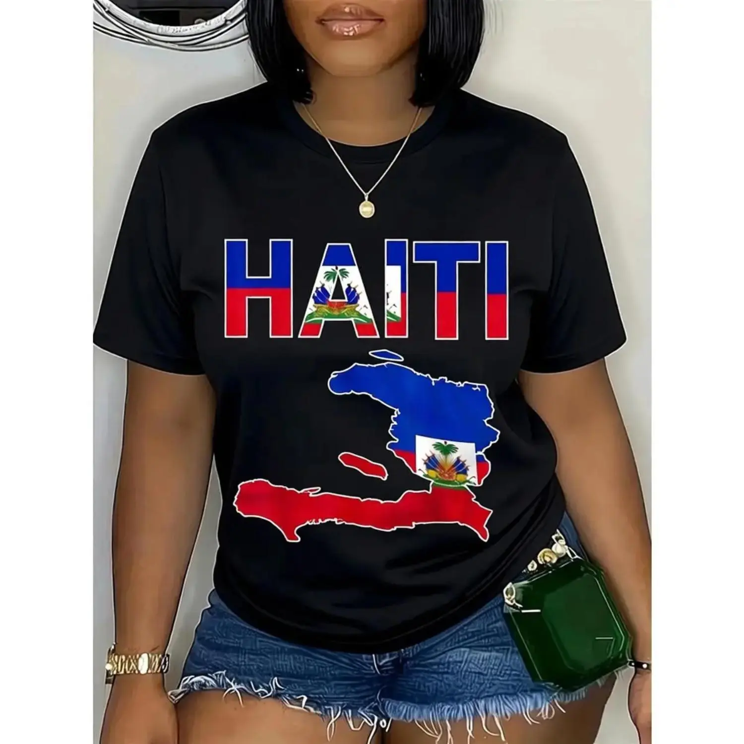 Unisex Vintage Cotton Blend Haiti Flag Map Print Sports Top - Short Sleeve, Round Neck, Haitian Pride, Relaxed Fit, Breathable, All Seasons, Cold Wash, Cool Iron, Do Not Bleach, Gentle Wash, Flag Pattern, Casual Streetwear