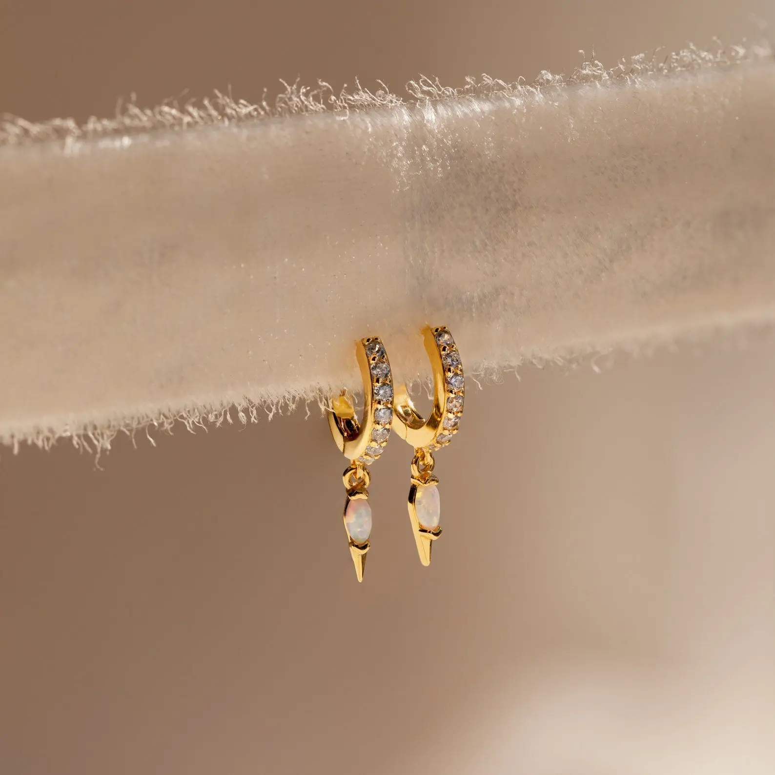 Raine Opal Dagger Huggies by Caitlyn Minimalist - Pave Diamond Dangle Hoop Earrings - Unique Opal Jewelry - Best Friend Gift