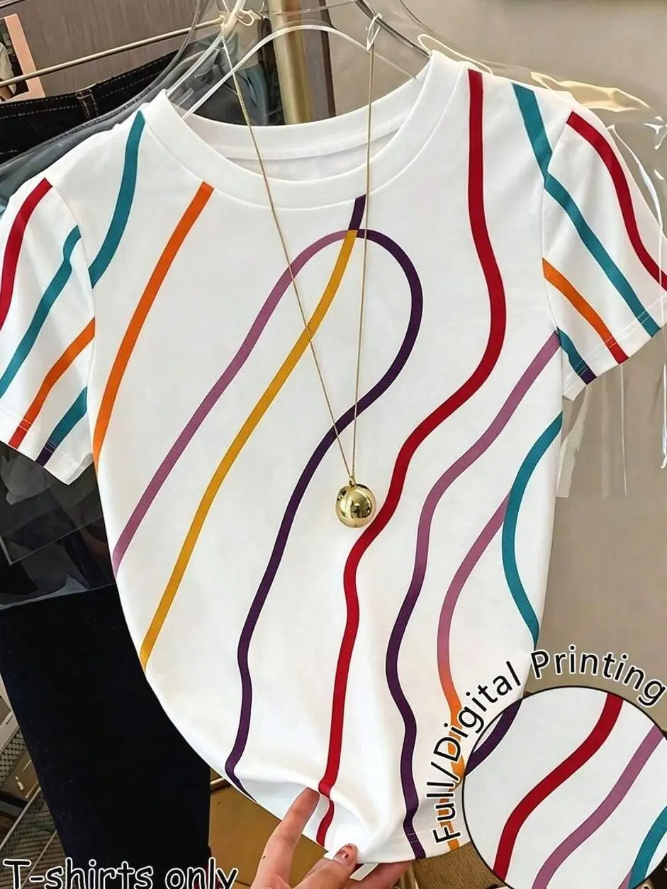 Women's Striped T-Shirt, Minimalist Round Neck Short Sleeve Tee, Casual Summer Daily Top