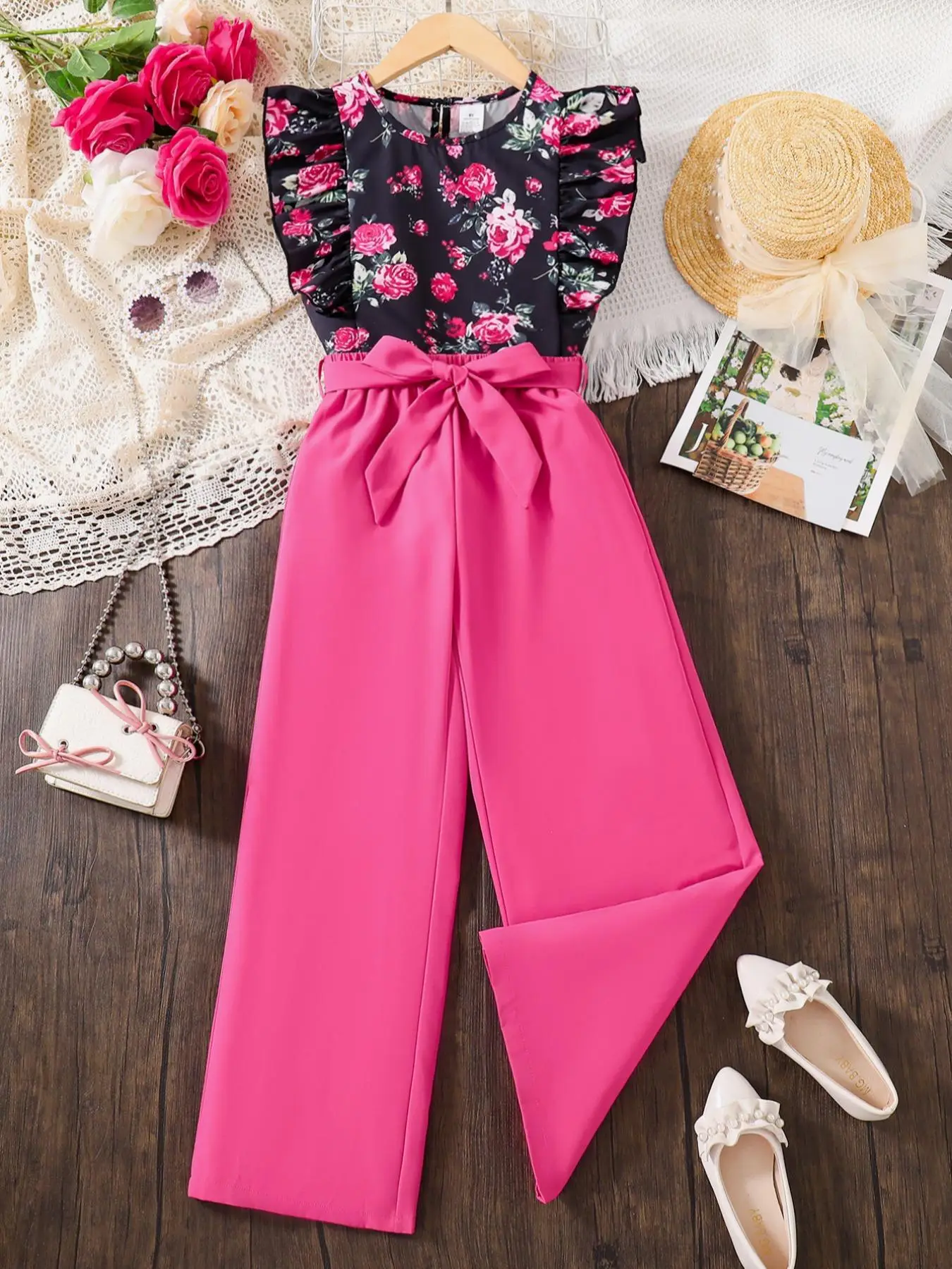 Girl's Floral Print Top & Pants Two-piece Set, Casual Fashion Cozy Outfits for Daily Outdoor Wear, Girl's Clothing for Summer, Girl Clothes School