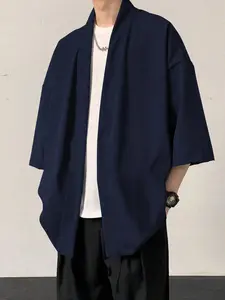 Men's Solid Color Open Front Kimono, Casual Comfy Short Sleeve Top for Daily Wear, Men's Clothes for All Seasons, Gamis, Menswear