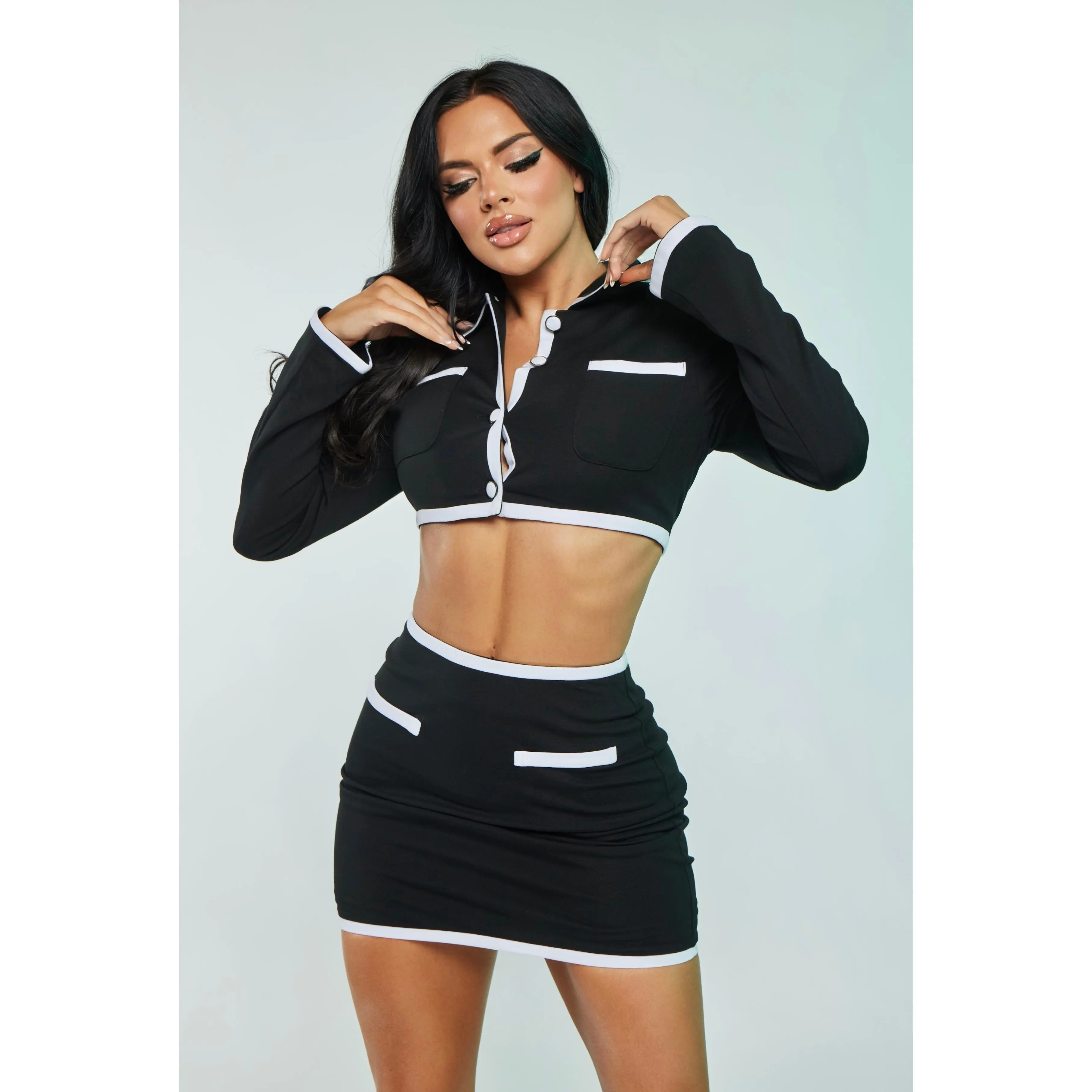 2 Pc Contrast Crop Blazer Set