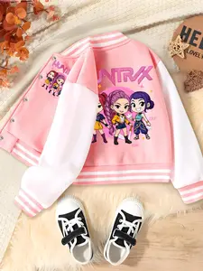 Girls Halloween Christmas Baseball Jacket, Casual Sport School Uniform, Cartoon Dancing Girl Print, Elastic Fabric, Fall Winter Outerwear, Casual Cute Outerwear