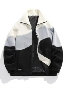 Men's Colorblock Zip Up Thermal Fuzzy Jacket Coat, Regular Fit Casual Long Sleeve Pocket Design Outerwear for Fall & Winter, Men's Clothes for Daily Wear, Menswear