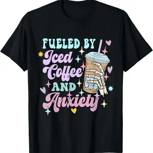 Funny Coffee Lover Graphic T-Shirt, Cotton Tee Fueled by Iced Coffee and Anxiety, Casual Streetwear Short Sleeve Shirt, Vintage Inspired Everyday Wear, Breathable Comfort, Trendy Funny Gift for Adults, Daily Outfit Tee
