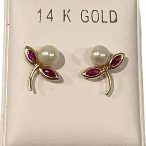 14k gold earrings - flower with white pearl