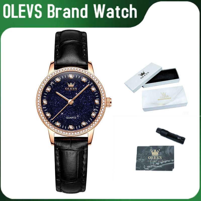 OLEVS Women's Elegant Fashion Watch - 28mm Starry Sky Round Face, Diamond Bezel, Luminescent Analog Quartz Movement, Date Window, Alloy Accents, PU Leather Clasp Strap, 30M-50M Waterproof, 12 Months Warranty, 34mm Glam Female Wear Commute Accessory