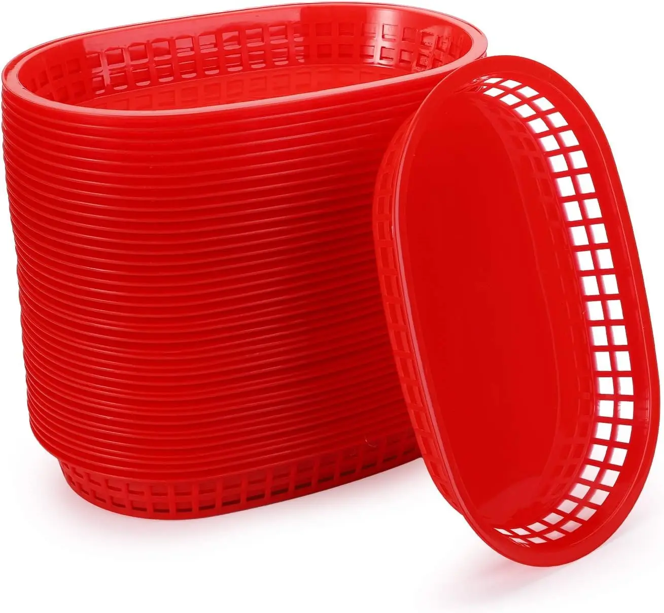40 Pack Fast Food Baskets, 10.5 x 7 Inch Plastic Baskets, Food Service Tray for Hot Dogs, Burgers, Sandwiches, Fries, Barbecues, Picnics, Parties (red)