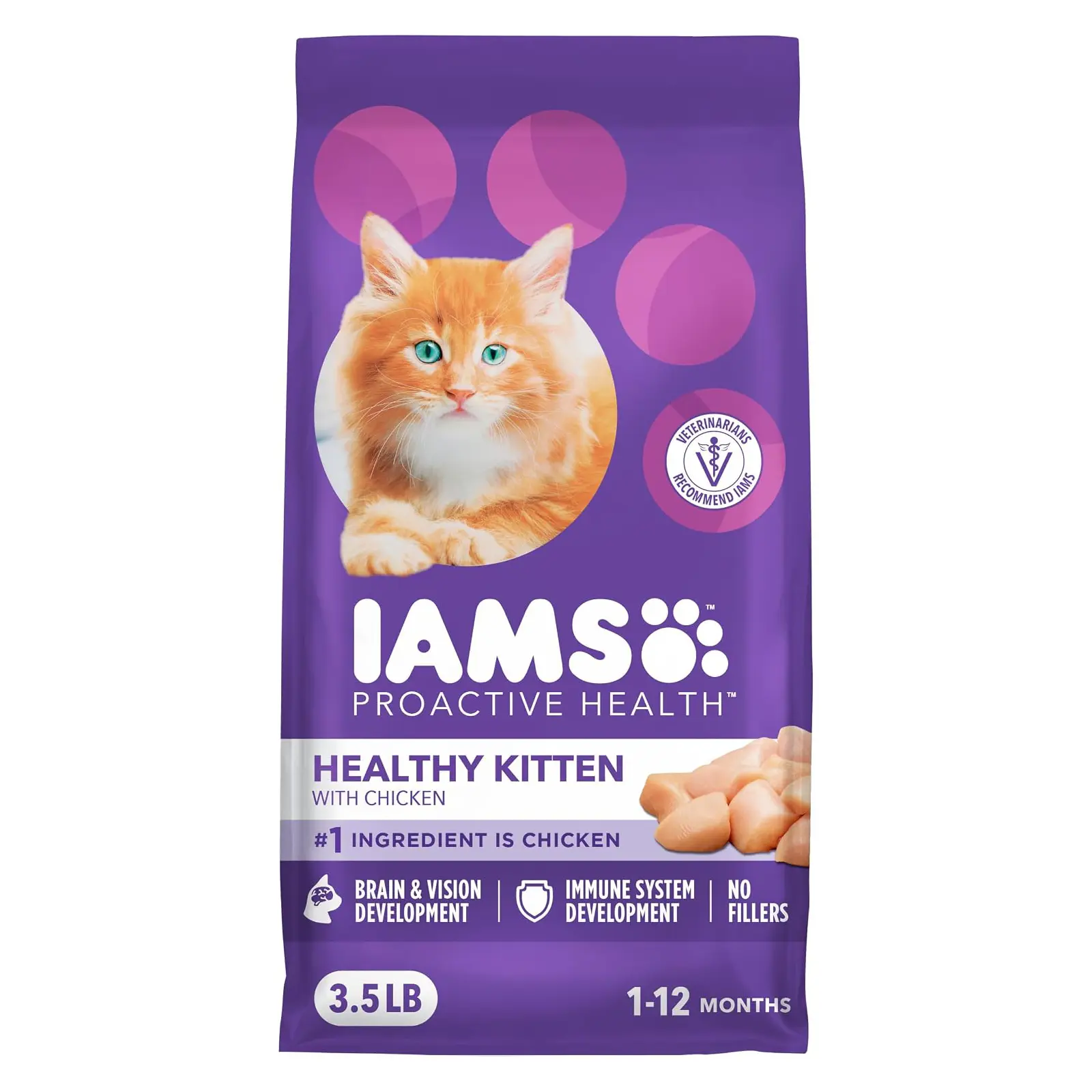 IAMS Proactive Health Healthy Kitten Dry Cat Food, Chicken, 3.5 lb Veterinarian-recommended, real chicken #1 ingredient, Omega-3 DHA & taurine, supports digestion, skin health, immune system