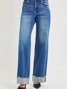 RISEN High Rise Wide Leg Jeans With Cuffed Hem