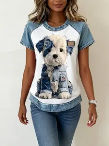 A women's fashionable and gentle casual denim patchwork contrasting Print short sleeved shirt with loose and slimming design, suitable for summer, home, indoor, and outdoor wear