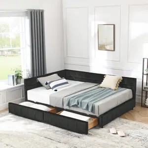 Full L-Shape Corner Bed Frame With Two Drawers, Velvet Upholstered Tufted Daybed With Slat, Floor Platform Bed With Soft Headboard For Bedroom Nook, No Box Spring Needed