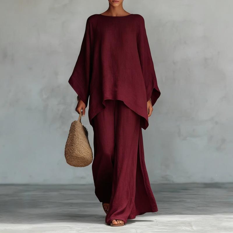 Women's Minimalist 2-Piece Set, Linen-Blend Loose Button-Down Shirt and Wide-Leg Pants Casual Outfit, Women's Clothes, Two Piece Set