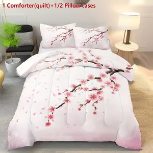 3-piece romantic pink plum blossom quilt set (1 quilt + 2 pillowcases without pillow inserts), featuring U-shaped quilting. The quilt contains 200gsm filling, suitable for all seasons. It is breathable, skin-friendly, soft, durable, and machine-washable,