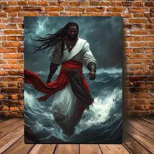 1 Count, Black Jesus Water Walk Canvas Print, Wooden Framed Wall Art, Ready to Hang, Ideal for Home, Office, School, Christmas, Halloween, Birthday, Graduation, Back to School Decor