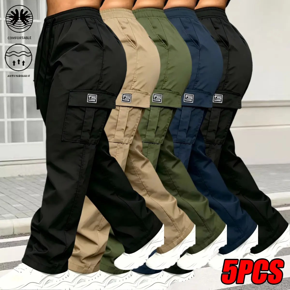 5-Pack Women’s Wide-Leg Cargo Pants, secure-grip elastic waistband with adjustable drawstring, branded label flap cargo pockets, reinforced side pockets, moisture-wicking, wrinkle-free, durable polyester casual pants for office wear, grocery runs, trail h