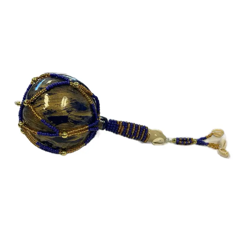 Ochosi Orisha Maraca Decorated with Blue and Gold Beads Handcrafted African Rattle for Spiritual Ceremonies