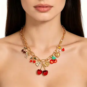 Cute Minimalist Cherry Shaped Jewelry Set, 2026 New Summer Trendy Accessories, Pastoral Countryside Style Adjustable Open Ring, Fashion Ring Bracelet Necklace Combo, Ideal Holiday Gift for Women