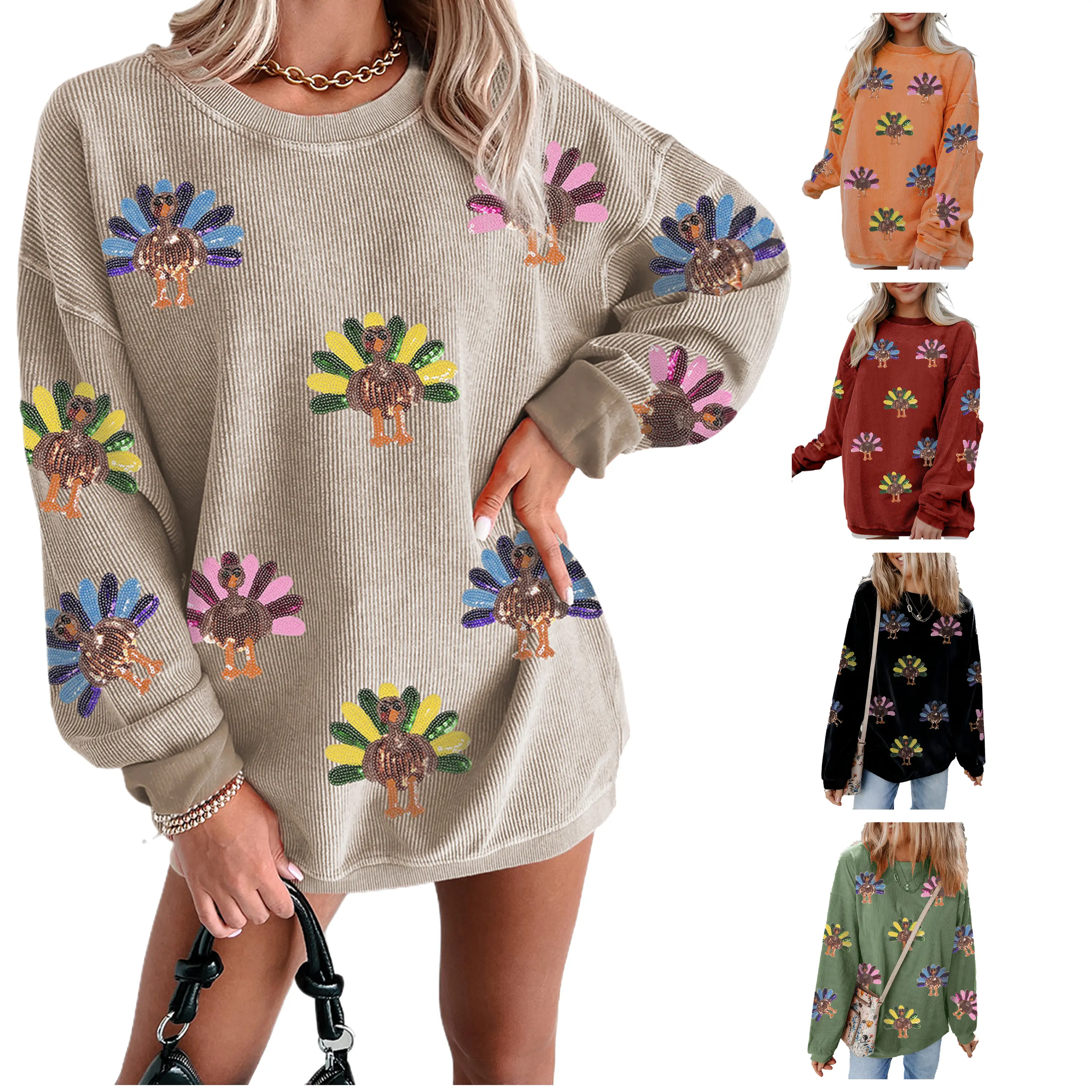 Mntaor Women's Oversized Thanksgiving Day Sweatshirt with Sequin Turkey Graphic Corded Baggy Long Sleeve Winteroutfit Round Neck Casual Tops for Comfortable Wear