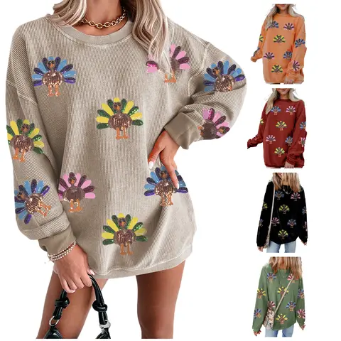 Mntaor Women's Oversized Thanksgiving Day Sweatshirt with Sequin Turkey Graphic Corded Baggy Long Sleeve Winteroutfit Round Neck Casual Tops for Comfortable Wear