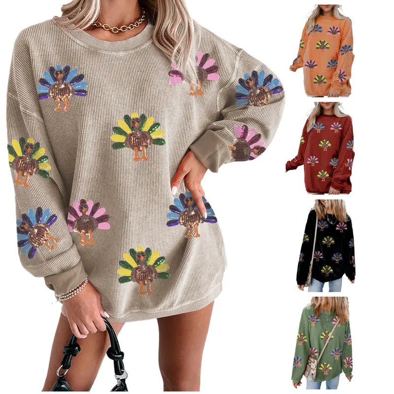 Mntaor Women's Oversized Thanksgiving Day Sweatshirt with Sequin Turkey Graphic Corded Baggy Long Sleeve Winteroutfit Round Neck Casual Tops for Comfortable Wear